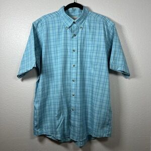 L.L.Bean Turquoise Blue Men's L Short Sleeve Cotton Plaid Shirt‎